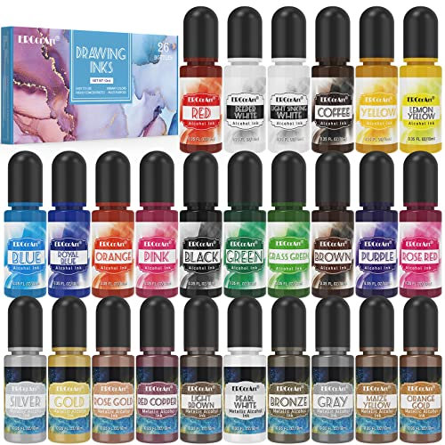 Alcohol Ink Set - 26 Colores Vibrantes y Concentrados, Tinta de Alcohol para Resina Epoxi, Pintura ArtíStica, FabricacióN de Placas Petri de Resina, FabricacióN de Vasos - 10 ml/Botella