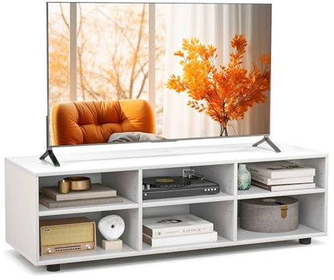 CASART TV Stand, 3-Tier Wooden TV Cabinet with Adjustable Shelves, Modern Living Room Media Entertainment Center for TVs up to 55 (White, 6 Cubes-115 x 39 x 34cm)