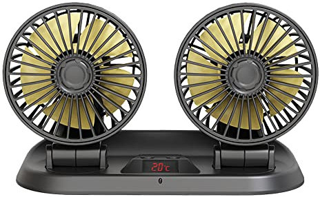 Riloer 12V / 24V Auto Luftkühlung Ventilator, Doppelkopf Luftzirkulator Ventilator, Elektrischer Ventilator mit 360 ° Rotation Temperatur NTC Sensor, Zigarettenanzünder Stecker