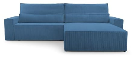 Ecksofa Denver L – Ottomane beidseitig montierbar, Ecksofa aus Cord, Couch für Wohnzimmer, Schlafsofa Sofagarnitur Eckcouch L-Form Cordstoff mit Bettkasten und Schlaffunktion (Poso 05 Dunkelblau)