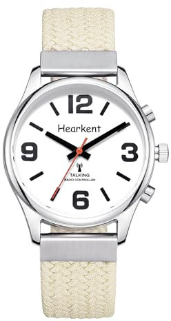 Hearkent British English Talking Watch for Women with Large Numbers Self-Setting for Visually impaired, Blind or Elder People (Nylon Beige)