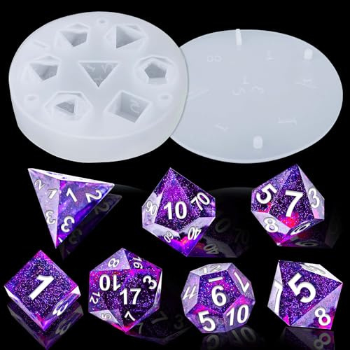 Juome Dice Resin Molds Silicone, DND Dice Silicone Molds for Epoxy Resin Casting with 7 Standard Stereoscopic Dice Cavities, Resin Mold for DIY Dices Making Table Board Game Dice Lovers Gift
