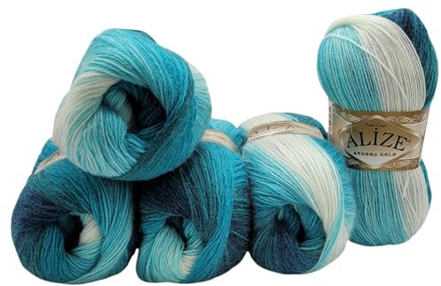 5 x 100 g Strickwolle Angora gold mehrfarbig mit Farbverlauf, 500 Gramm Strickgarn mit 20% Wolle-Anteil (1892 petrol türkis weiss)