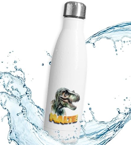 timalo® Thermosflasche personalisiert mit Namen auslaufsichere Edelstahl Trinkflasche Wasserflasche für Kinder Mädchen Jungen 500mL | Dinosaurier