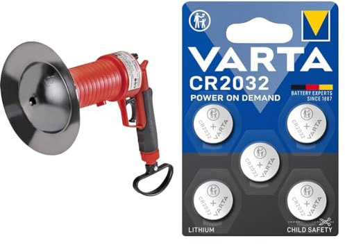 Rothenberger Industrial Pressluft Rohrreiniger inkl. 4 Gummiadapter & VARTA Batterien Knopfzellen CR2032, 5 Stück, Power on Demand, Lithium, 3V