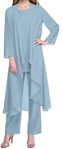 Donna Tre Pezzi Camicetta in Chiffon Tulle Abito da Sera Set Chiffon Formale Abito da Sposa con Giacca Adatto per la Madre della Sposa Festive Abito Pantaloni