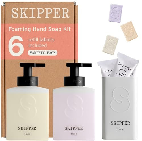 Tirtyl Skipper Hand Wash Duo Kit HDPE - 2 HDPE Recycled Plastic Foaming Dispensers + 6 Tablet Refills (6x 250ml bottles of soap) + 1 Storage Tin - Variety Fragrances