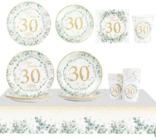 65 pcs Birthday Party Decorations,Paper Plates 7 and 9inch,Napkins Serviettes and Cups Set,Eucalyptus Tablecloth, Happy Birthday Party Tableware Table Decorations (30th)