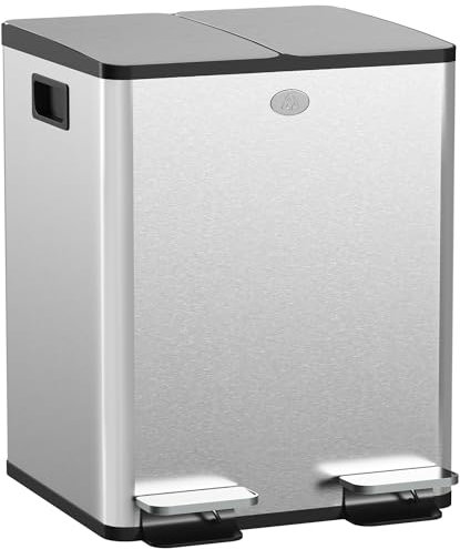 HOMCOM - Papelera de cocina doble, 2 x 20 L, cubo de pedal de acero inoxidable, 2 tapas de cierre suave, cubos interiores extraíbles y asas anti-huellas dactilares, 45,8 x 36 x 51,6 cm