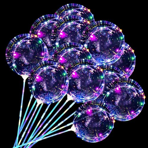 12 Pack Leuchtende Luftballons, 40cm Transparente Led Luftballons, Led Luftballon mit Stäbe, Led Bobo Luftballons mit Bunt Led Lichterketten für Geburtstag, Hochzeit, Valentinstag Party Dekor