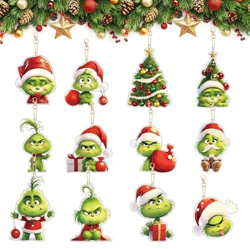 12PCS Novelty Hanging Ornaments for Christmas Windows & Doors, Xmas Tree Decorations, Winter Holiday Party (8CM)