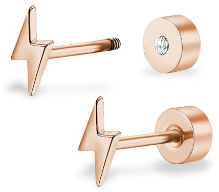 ZDE Titanium Femmes Boucles d'oreille Flatback Boulons éclair Femmes 5mm Plat Dos Boucle d'oreille Hypoallergénique Cartilage Helix Tragus Conch (Rose Gold)