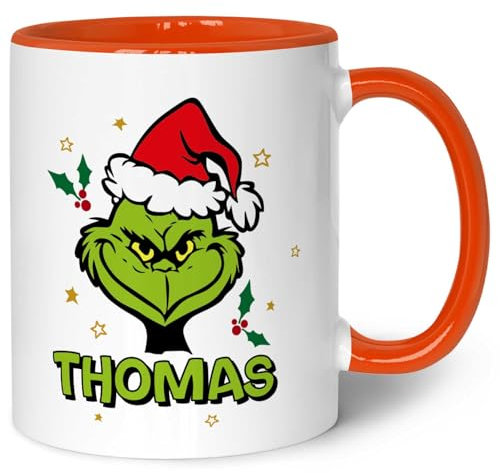 GRAVURZEILE Bedruckte Weihnachtstasse - Grinch MiMiMi - Personalisiert mit Name - Spülmaschinenfest & Mikrowelle geeignet - Tasse als Geschenk für Sie & Ihn zu Weihnachten - Orange