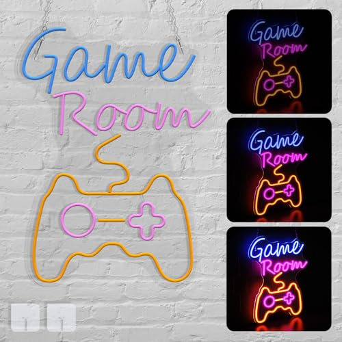 UISEBRT Gamer LED Neonlicht für Dekoratio, Neon Schilder Wanddekoration Leuchtbuchstaben mit USB-Kette, Lichtmodulator, Haken und Kette, 5V LED Schriftzug für Party Game Room Deko Bar (Game Room)