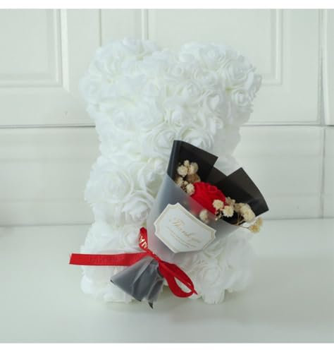 GDJIAYIYI Orsacchiotto di rose, orsetto di fiori artificiali, regalo di compleanno, per donne, signore, fidanzate, ragazze, mamme, nonne, padri (bianco)