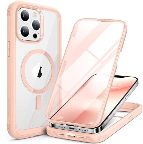 Miracase Magnetic Case for iPhone 13 Pro Case 6.1-Inch, [Built-in 9H Tempered Glass Screen Protector] Full Body Bumper Shockproof Cover with Clear Back, Compatible with MagSafe (Pink)
