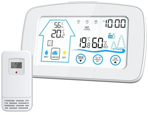 Weather Stations with Outdoor Sensor Wireless Backlight Touch Screen Digital Weather Station Smart Temperature and Humidity Meter Weather Clock Temperature Humidity Detection(Bianco)