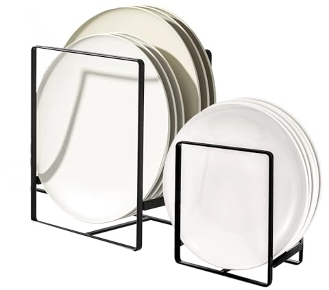 Mulaibdin 2 Pack Plate Rack for Cupboard, Plate Holders for Kitchen, Dish Storage Rack Upright for Cabinet, Metal Plate Organiser for Drawer, Dish Drying Racks Space Saver (Black,1 large& 1 small)