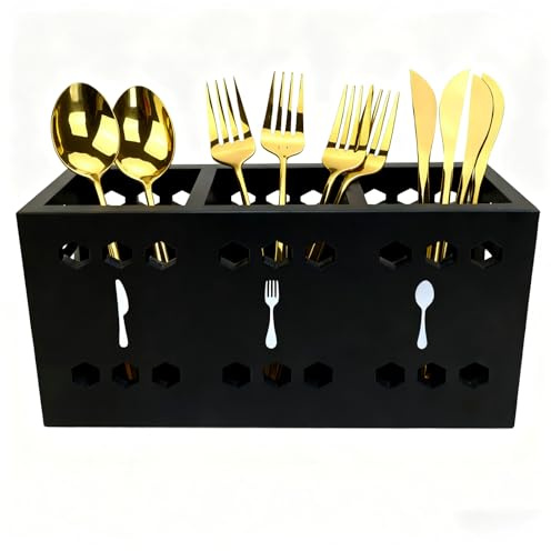Egouttoir Couverts Noir - Pot Ustensiles Cuisine pour plan de travail, range-couverts pour ustensiles de cuisine, boîte de rangement pour fourchettes et cuillères, récipient pour vaisselle de fête