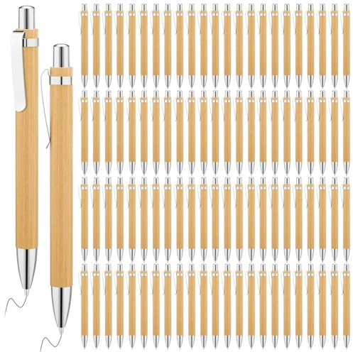 Qezodsx 200 Stück Bambus-Kugelschreiber, Einziehbarer Holzkugelschreiber, Bambus-Schwarze Tinte, 1 mm Stift, Nachhaltige Stifte, 13,5 X 1,1 cm