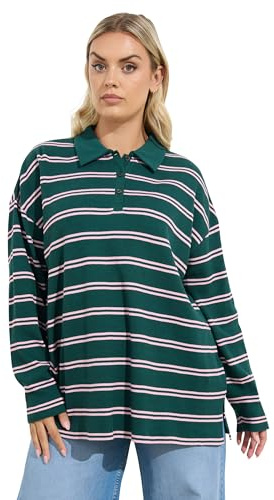 Yours Curve Blue & Pink Stripe Waffle Rugby Collar Top - Women's - Plus Size Curve