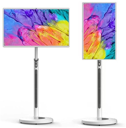 GOURIXIN 4K Portable TV on Wheels 32 Inch, Smart Rolling TV, Built-In Camera, 15000mAh Battery, Android 12 Os, Rotatable 1080p Touch Screen Monitor, Liftable Stand 4+128G