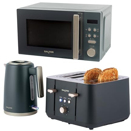 Salter Marino 3-Piece Kitchen Set – 1.7L Rapid Boil Cordless Kettle, 4-Slice Toaster with 7 Browning Levels & Anti-Jam Function, 20L 800W Digital Microwave with 8 Auto-Cook Functions, Matte Finish