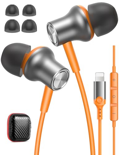 iMangoo Design for Apple Headphones MFi Magnetic Wired Earbuds HiFi Stereo Bass Headset Lightning Earphones with Microphone Volume Control for iPhone 14 Plus 13 Pro Max 12 Mini 11 10 XS XR Orange