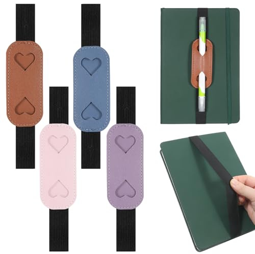 Axafazup 4 PCS Elastic Book Band, Pen Loop Holder for Notebook, Adjustable Elastic Band Pen Holder for Journal, Planner, Binder, Book, PU Leather Heart Design, Fits 8-11 Inch