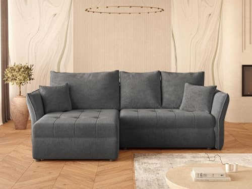 GRAINGOLD Lino Ecksofa mit Schlaffunktion und Bettfunktion, 270x172 cm, L-Form Sofa, Schlafcouch für Wohnzimmer, Chenille-Stoff, 3-Sitzer Eckcouch, Ecksofa mit Stauraum (Dunkelgrau)