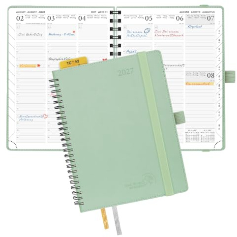 POPRUN Kalender 2027 Wochenplaner ca.A5(21,8 x 16,4cm) mit Softcover | 12-Monate-Terminplaner(Jan.2027-Dez.2027),Spiralbuch Buchkalender, 1 Woche 2 Seite mit 100 GSM Papier(Graugrün)
