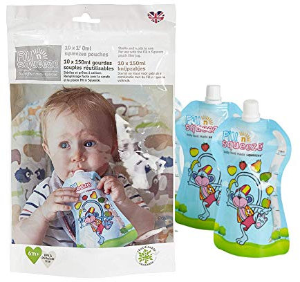Fill n Squeeze Baby Food Pouches - UK Made Reusable Baby Weaning Toddler Smoothie Pouches - BPA & PVC Free no Leak Pouch - Use with Baby Food Pouch Maker