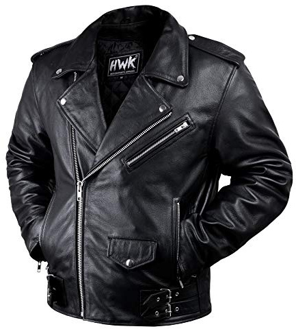 HWK Brando Leather Motorcycle Jacket for Men, Ultra Comfy Vintage Style Genuine Black Leather Jacket with CE Armor and Thermal Lining, Water Resistant Biker Jacket for All-Weather Riding - XX Large