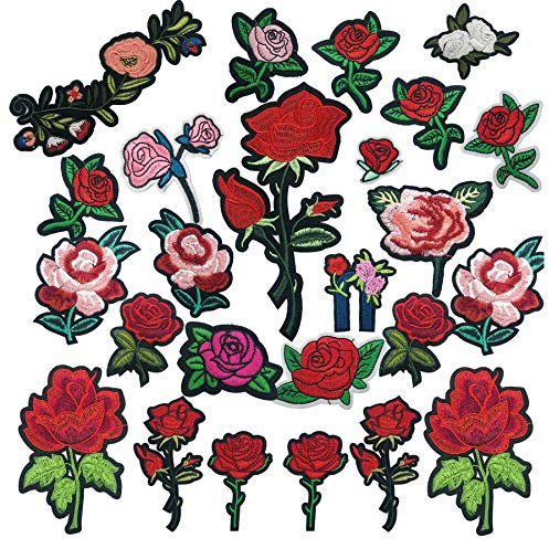 Woohome Flicken Patches, 25 Stück Floral Rose Aufbügeln Flower Aufnäher Patches zum Basteln, Nähen, Bekleidung, Andere Stoffe