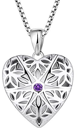FJ Herz Foto Medaillon Kette Damen 925 Sterling Silber Personalisierte Medaillon zum öffnen für Bilder Memory Medaillon Anhänger Halskette mit Amethyst Schmuck Geschenke für Frauen Mädchen