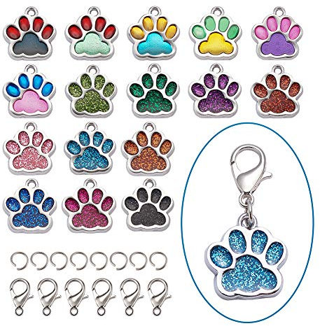 Craftdady - 32 ciondoli a forma di zampa di cane/gatto, smalto, 16 colori, ciondoli galleggianti in metallo, con anelli aperti e chiusura a moschettone, per la creazione di gioielli