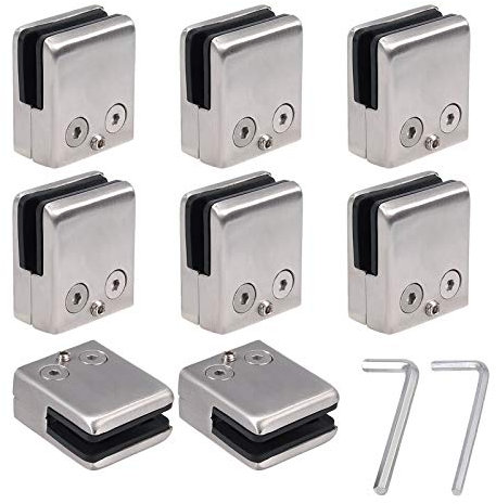 EYPINS 8-Pack Stainless Steel 304 Adjustable Square Glass Clamp Brackets – Brushed Finish Handrail Balustrade Clips for 9-10mm Glass Panels, Includes Mounting Spacers & Hex Key Drivers (M Size)