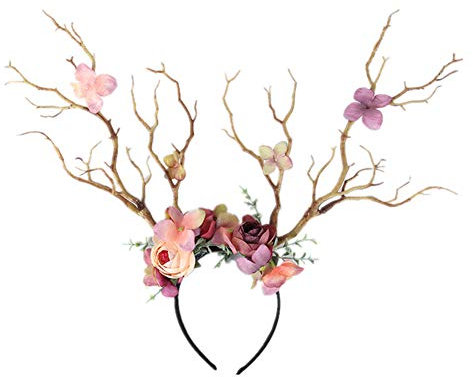 Springcmy Haarreif mit Geweih, für Damen, Baumzweig, Geweih, Blumen, Baumzweig, Hirschhorn, für Cosplay, Weihnachten, Halloween-Party Gr. Einheitsgröße, braun