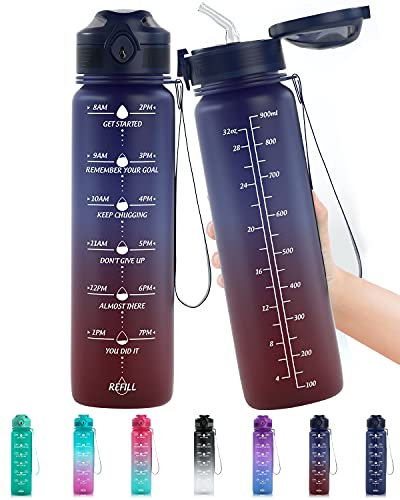 Lunidry 1 litre Water Bottle with Straw, 32oz Motivational Sports Water Bottle with Time markings, BPA Free Tritan Leakproof Reusable Drink Bottles for Running, Cycling, Gym, Outdoor Sport