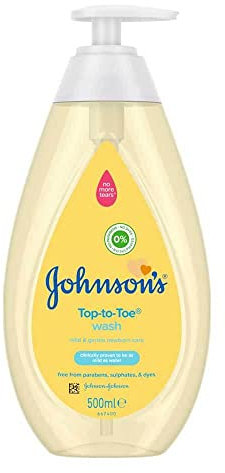 Johnson's Baby Nettoyant du haut aux pieds (1 x 500 ml), lavage doux et doux de la tête aux pieds pour les soins du nouveau-né, les essentiels du nouveau-né, plus de déchirures, convient pour le