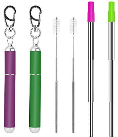 2 Pcs Portable Metal Straws, 3-Section Adjustable Telescopic Straw with Silicone Tips Cover, Aluminum Keychain Case and Telescopic Cleaning Brush, Unique Design for Home Travel(Purple & Green) 1