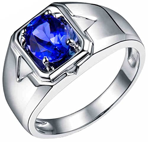 AMDXD Pärchen Ringe Weißgold 18K, Klassisch Breiter Ring Gold Herren mit Blau Tansanit 1.15ct, Freundschaft Geschenk, Weiß Gold, Gr.62 (19.7)