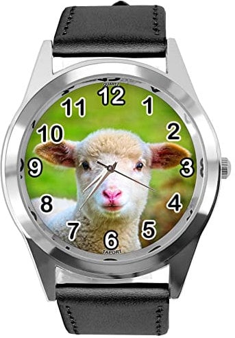 TAPORT® Schwarze Leder Quarz Runde Uhr für Schaf-Fans, Schwarz , Gurt