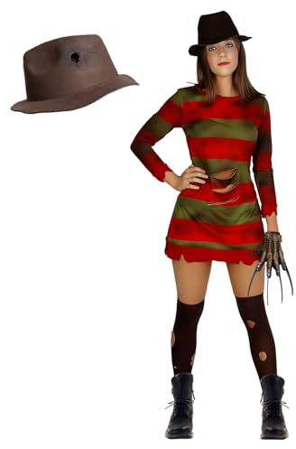 Funidelia Offizielles Krueger Kostüm mit Hut - Nightmare on Elm Street für Damen, Kleid und Socken - Outfit für Erwachsene für Partys, Karneval und Halloween