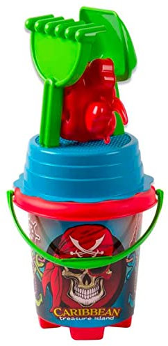 Acan Tradineur - Cubo de Playa con Accesorios, impresión de Piratas, Incluye: Cubo, Pala, rastrillo, etc. Ideal para Jugar en la Playa. 42 x 20 x 20 cm