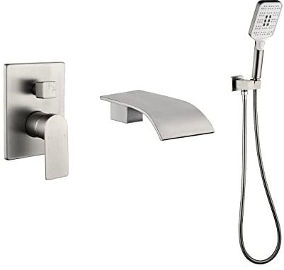 Wannenfüller Wasserhahn mit Handbrause Badewannenarmaturen mit rauem Ventil Trim Kit Wandmontage Wasserfall Badewanne Armaturen Gebürstetes Nickel