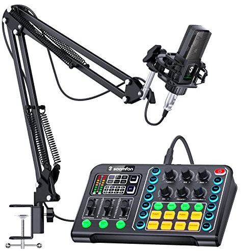 SOOMFON Kondensatormikrofon Bundle mit Soundkarte, Streaming Mikrofon PC mit Mischpult Kit Audio-Mixer-Set Mikrofonarm Stoßhalterung USB Nierencharakteristik Mikrofon für Live-Streaming Podcast