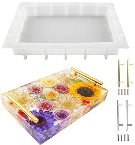 JEYUQAXY Grands moules en silicone pour résine, 34 x 24 cm, moules rectangulaires en époxy avec 4 poignées dorées et argentées, moule de table en résine pour table de rivière, décoration d'intérieur
