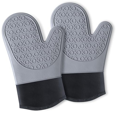 Ofenhandschuhe Topfhandschuhe Silikon - Anti-Rutsch Hitzebeständige Silikon und Flexibilität Baumwolle, 30cm Lange Backhandschuhe Kochhandschuhe für Kochen Backen Grillen (Grau)