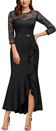 MISSMAY Women's Vintage Lace 2/3 Sleeves Evening Party Wedding Guest Formal Long Dress (Small, Black)